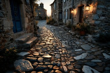 Charming Cobblestone Street at Sunset with Warm Lanterns and Rustic Stone Houses
