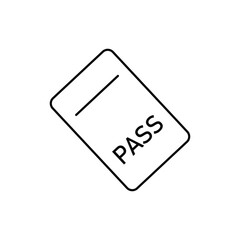 Minimalist black and white outline of a pass card icon, tilted diagonally. Ideal for use in education, exams, entrance access, certification, or digital identification designs.