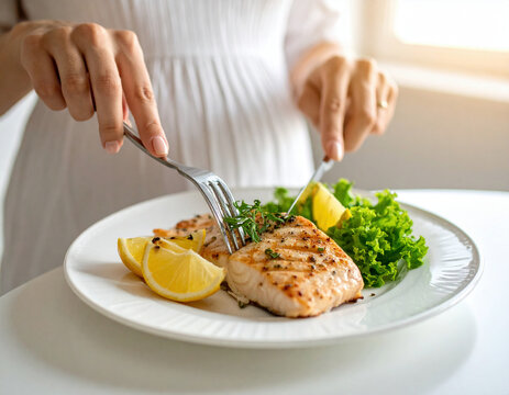 A pregnant woman is about to enjoy a nutritious meal of grilled salmon, fresh green lettuce, and lemon wedges, emphasizing a healthy and balanced diet.