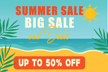 summer  beach salessummer sale beach banner with big discount and tropical elements for ecommerce marketing or online store promotion design

