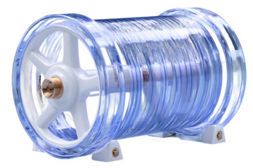 Abstract Blue and White Cylindrical Object with Spools and Wheel