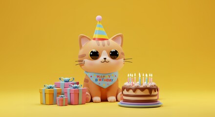 Adorable 3D Render of a Cute Kitten Celebrating its Birthday with Cake and Gifts