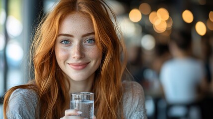 A young woman with vibrant red hair smiles gently while holding a glass of water.  She's indoors, in a softly blurred cafe setting