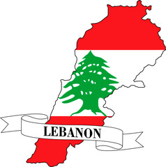 The map of Lebanon overlaid with the flag of Lebanon and its name written on a ribbon