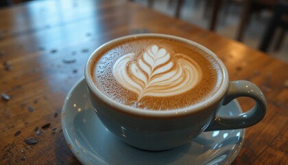 cup of coffee on wooden table, Delicious Coffee Cup on Wooden Table with Space View, Hot white cappuccino coffee cup close up with heart shaped latte art on dark brown old wooden table