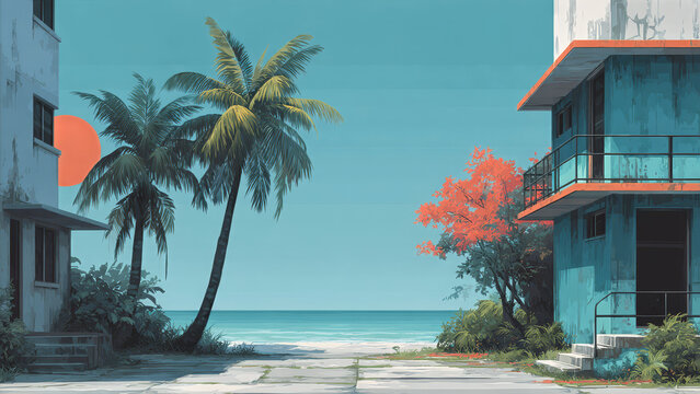 Coastal Silence &mdash; Retro Tropical Street Opening to the Sea