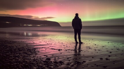 Solitary figure gazes at aurora borealis over the beach at night.