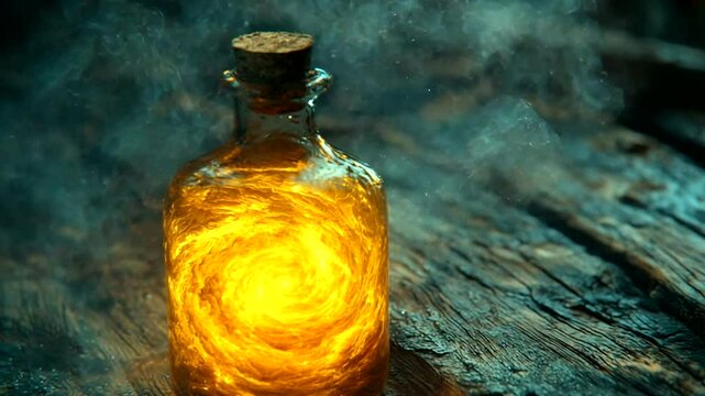Illuminated elixir in a glass bottle