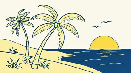 Minimalist tropical beach scene with palm trees and sunset backdrop  