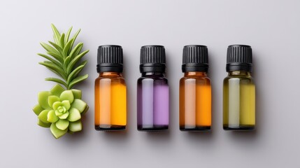 Assorted Essential Oils with Green Succulent Arrangement on Gray Background