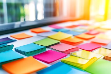 Sunlit Array: Colorful Sticky Notes on White Surface, Window Reflections, Creative Workspace.