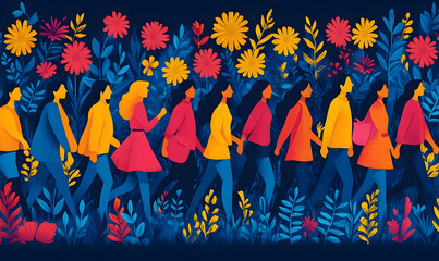 Colorful illustration shows diverse figures walking together amidst stylized flora against a dark blue background