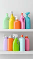 Colorful Cleaning Bottles on Shelves in Modern Interior Setting