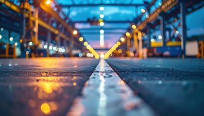 Industrial warehouse interior at night with ambient lighting and reflections