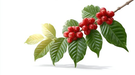 Coffee Plant with Red Berries and Green Leaves on White Background