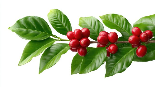 Fresh Coffee Plant with Red Berries and Green Leaves Isolated