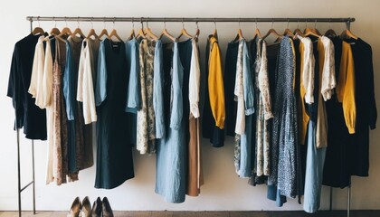 Colorful garments hang on hangers in a retail shop, displaying a variety of fashion and textile colors for shopping