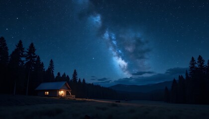 Night Sky with Milky Way Above Cabin in Forest
