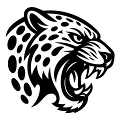 A black and white drawing of a leopard with its mouth open