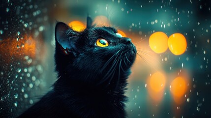 Fototapeta premium Black cat sitting on brick wall in rainy city night