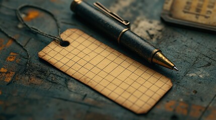 Brown tag and black pen on grid paper flatlay concept for organization and planning, minimalistic office supplies on desk top view