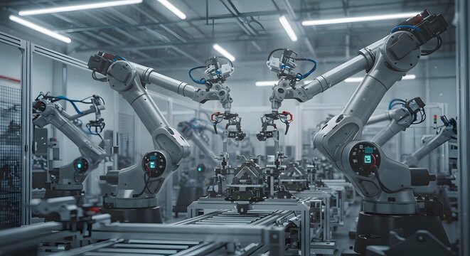 robots working on a serial assembly line