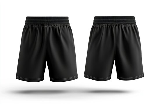 Rear and front view of black soccer shorts mockup, isolated on a white background. Design template for sportswear branding or advertising.