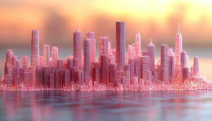 Obraz premium Crystal city on water, bathed in soft, rosy sunlight, creating a serene and ethereal atmosphere