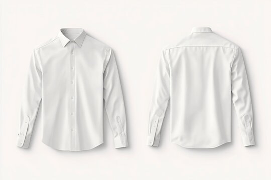 Set of white plain shirt mockups, front and back views isolated on a light background, with copy space for design presentation. White men's dress button-up shirts with long sleeves template mock-up co
