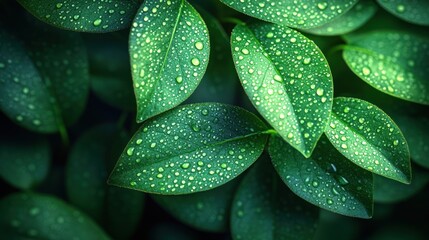 Fototapeta premium Macro shot of dew drops on vibrant green leaves in the morning