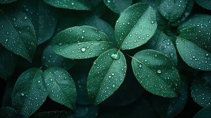 Fototapeta premium Macro shot of dew drops on vibrant green leaves in the morning