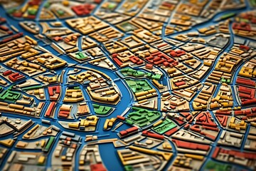 Detailed Cityscape Map, Elevated View, Winding Waterways, Textured Topography.