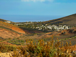 Fototapeta premium Scenic view of an island village nestled among palm trees with the Atlantic Ocean in background. Whitewashed town is surrounded by volcanic hills and dry terrain typical of Lanzarote, Canary Islands.