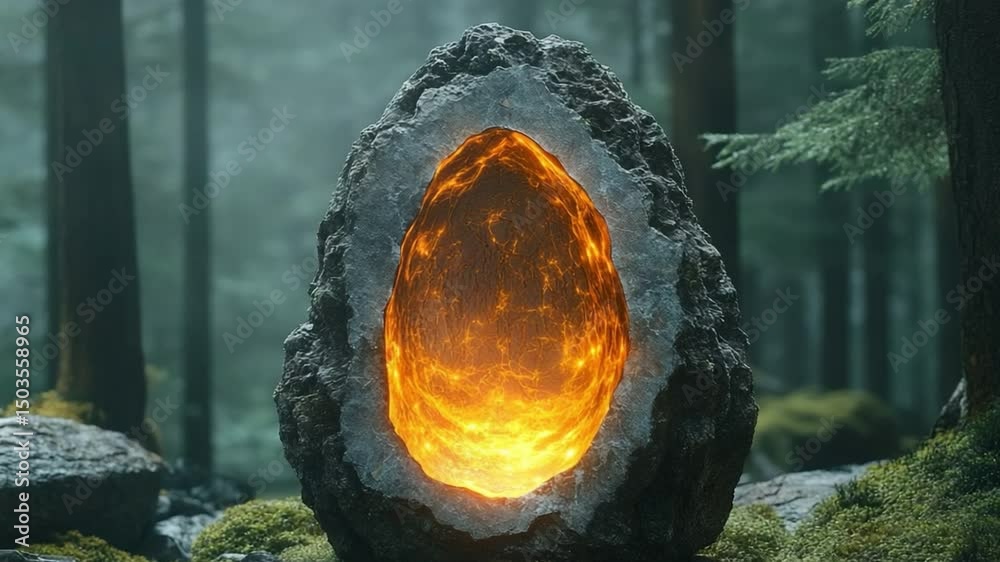 Poster mystical portal: a mesmerizing, ethereal portal glows invitingly amidst a serene, verdant forest sce