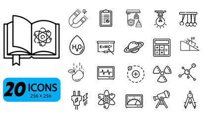 Set of 20 Physics and Science Line Icons, Education and Research Vector Symbols