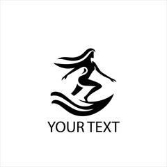 Surfing Woman Logo Design – Surfer Riding Wave Vector Emblem Isolated on White Background