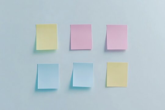 Pastel Sticky Notes: Organized Row of Yellow, Pink, and Blue on Light Background.