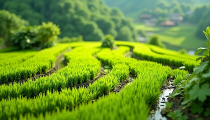 Terraced Green Rice Fields in Lush Landscape