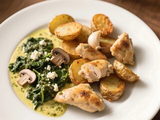 Fototapeta premium Greek Garlic Chicken & Crispy Potatoes with Spinach-Feta Mushroom Pesto Cream