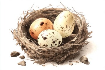 Obraz premium Three Speckled Bird Eggs in a Brown Nest