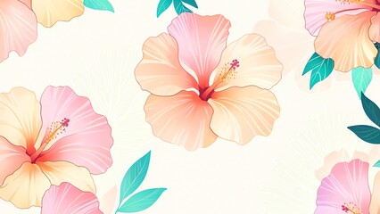 Pastel Hibiscus Floral Pattern: Delicate Blooms on White Background
