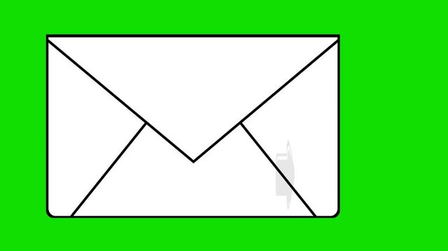 video animation drawing black and white icon card letter envelope and arrow moving, in sending message concept, on a green chroma key background