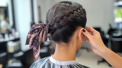 Stylish braided hairstyle adorned with a patterned scarf.