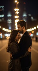 Romantic couple embracing in city at night love and relationship concept