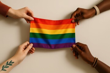 Hands Holding LGBTQ+ Pride Flag Symbolizing Inclusivity, Diversity, Unity, and Equal Rights