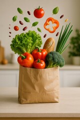 Fresh Grocery Bag with Healthy Vegetables, Bread and Herbs Promoting Nutrition and Eco-Friendly Shopping