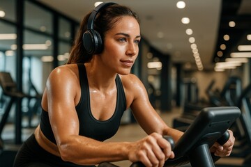 Fototapeta premium Determined Fit Woman Training on Stationary Bike at Gym, Focused Workout with Headphones and Intense Sweat for Fitness Motivation and Cardio Exercise