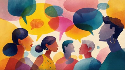 Diverse people communicate with speech bubbles sharing thoughts in vivid watercolor effect