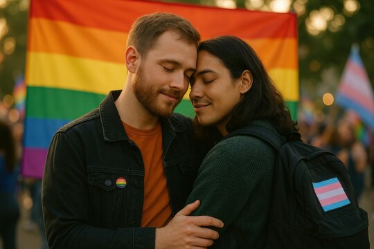 LGBTQ+ Couple Embracing at Pride Parade, Celebrating Love, Inclusion, Diversity, and Transgender Rights