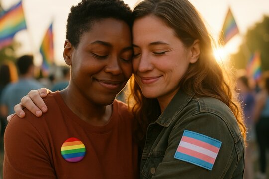 LGBTQ+ Couple Embracing at Pride Parade, Celebrating Love, Inclusion, Diversity, and Transgender Rights